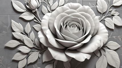 3D White Roses with Stems and Leaves on Grey Tiled Background - Close Up