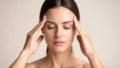 Naklejka premium Mindful Moment: A portrait of a calm woman in serene meditation, radiating inner peace and relaxation. Her eyes are closed, hands gently touching her temples, embodying a state of tranquility.