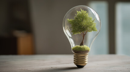Light bulb with miniature tree inside, symbolizing eco friendly ideas and sustainable energy, placed on wooden surface with blurred background