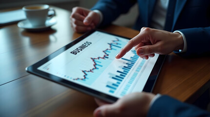 Close-up of hands on tablet, reviewing business data chart in a focused setting