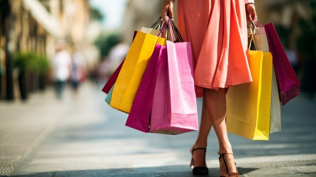 Woman holding colorful shopping bags while walking on city street in summer dress. Tax-Free Weekend Shopping Events, concept of retail and shopping