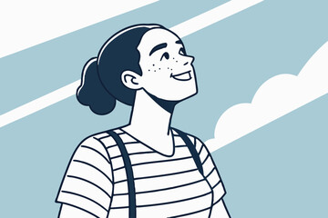 A smiling young woman with freckles and dramatic thick eyebrows, wearing a striped shirt under a bright sky backdrop in modern flat illustration style.