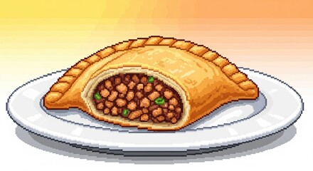 Pixelated Empanada: Golden Crust and Savory Filling on a White Plate