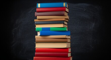 Stack of colorful books piled high against a dark chalkboard background, suggesting learning, education, and knowledge.