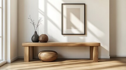 A simple, minimalist hallway bench with decorative vases.