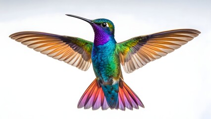 Colorful hummingbird in mid-flight on white background, showcasing vivid plumage, grace, and natural beauty