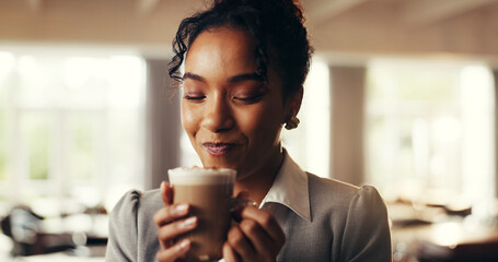 Business woman, cafe and drinking with latte in resort or hotel for hospitality or check in. Female...