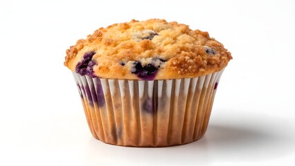 Blueberry muffin with golden crumb topping in paper liner on white background, symbolizing home baking, sweet indulgence, and breakfast comfort