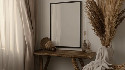 Rustic wooden console table with pampas grass and neutral tones.
