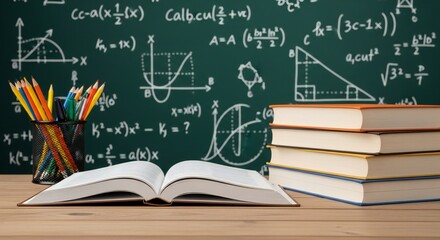 Open book in foreground with a stack of books, pencils in a holder, and a chalkboard covered in math equations in the background.