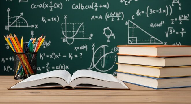 Open book in foreground with a stack of books, pencils in a holder, and a chalkboard covered in math equations in the background.
