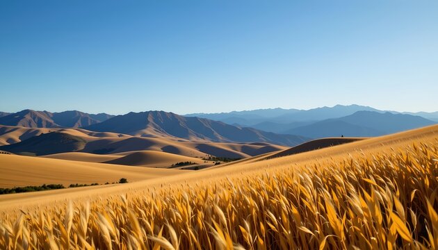 a vast landscape of a golden wheat field extending towards the horizon under a clear blue sky