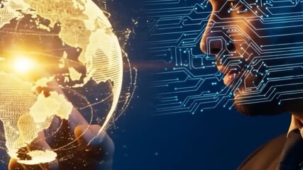 Digital World Connection: Human Face Merged with Circuitry and Glowing Globe - Powered by Adobe
