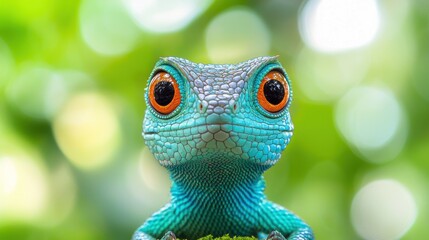 Close-up of a vibrant turquoise lizard.  Bright eyes and a  focused gaze.  Bokeh background of green and light.  Small, detailed scales