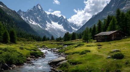 Obraz premium Majestic snow capped mountains overlook a winding river and rustic cabin valley