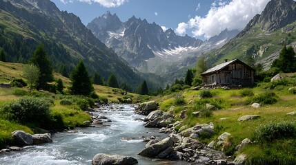 Majestic mountain vista with rustic cabin and flowing river valley