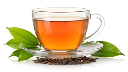 Glass cup of amber tea with green and dried leaves on saucer, symbolizing natural infusion, wellness, and traditional brewing culture