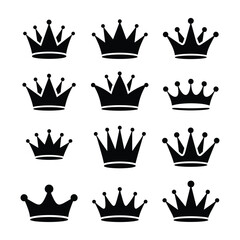 Classic Monarchy Crown Icon Bundle Detailed Royal Headwear Symbols in Black Vector Illustration