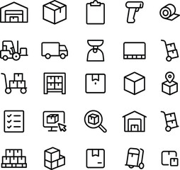 Warehouse Inventory Vector Icon Set with Adjustable Line Weight Featuring Storage, Logistics, Delivery, Packaging, Barcode, Forklift, Shipping, Pallet, Stock, Tracking