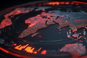 Digital world map with glowing red data points and financial charts isolated on white background
