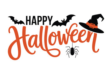 Happy Halloween Cartoon Design with Text Bat Witch Hat and Hanging Spider Vector Illustration