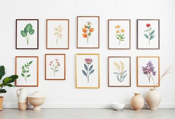 A minimalist gallery wall featuring framed botanical prints and ceramic sculptures against a stark white backdrop,  calm,  ceramic sculptures