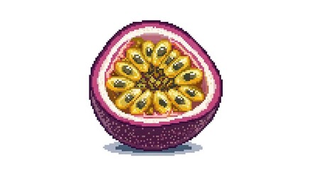 Pixelated passion fruit half with seeds, vibrant colors and retro aesthetic