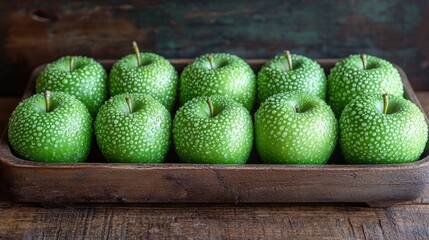 Row of fresh green apples arranged in a wooden tray.