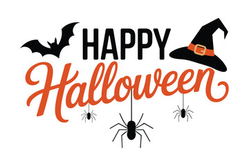 Happy Halloween Text Design with Witch Hat Bat and Spider Cartoon Elements Vector Illustration