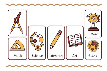 Rectangular cards with icons for different school subjects and learning