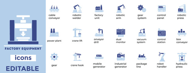 Clean, editable vector icons of factory equipment designed for industrial, mechanical, and manufacturing applications.