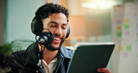 Live streaming, influencer and man with mic, tablet and read script for episode or content...