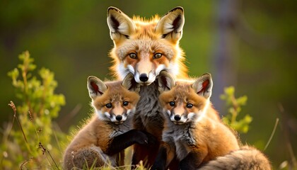 Red Fox Family Forest Portrait.