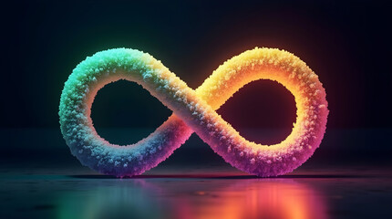 Glowing infinity symbol made of fluffy textured gradient material mirrored on reflective surface against a dark background