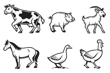 Collection of farm animals in a simple line drawing style