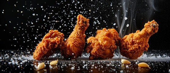 Crispy Fried Chicken Drumsticks Flying with Garlic and Sea Salt Sprinkles Against Dark Setting