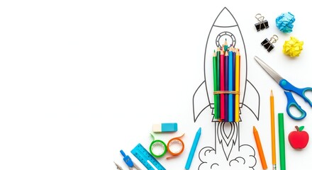 Colorful pencils bundled in a rocket drawing, surrounded by school supplies like scissors, erasers, and paper clips on a white background.