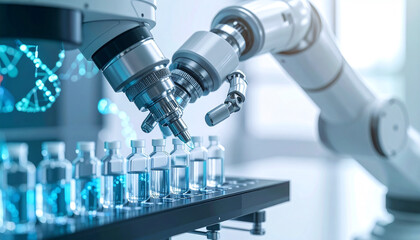 Robotic Precision in Science: A state-of-the-art robotic arm delicately handles vials in a science laboratory, the scene epitomizing the future of scientific research and technological advancement.