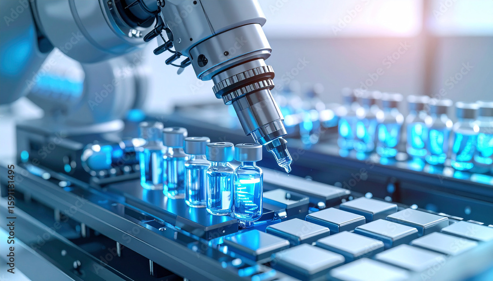 Poster automated precision: robotic arm dispensing liquid into medical vials in a high-tech, futuristic lab
