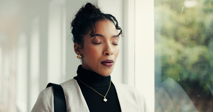 Breathing, stress and thinking with business woman in office for balance, mental health or mindfulness. Anxiety, eyes closed and inhale with African employee in corporate workplace for awareness