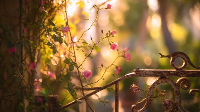 Aged rusted metal fence with intricate scrollwork surrounded by blooming pink roses, green leaves, and warm golden sunlight creating a serene garden atmosphere at dawn or dusk. - Powered by Adobe