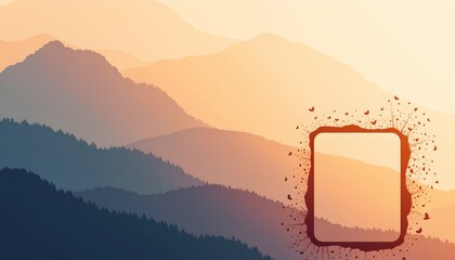 a captivating view of mountains at sunset. a prominent element is a silhouette of what appears to be a cell phone, with its screen turned off and facing the viewer