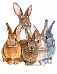 Fototapeta premium Group of five adorable rabbits in various colors