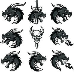 Collection of dragon head illustrations with varying designs, including one with a sword and another with a skull.