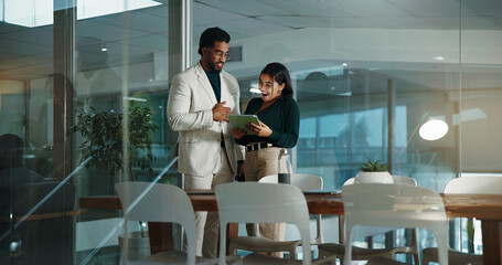 Teamwork, night or business people with tablet for research, investment project or budget....