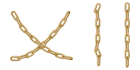 3d metal crossed chain isolated. Vector golden prison icon isolated. Security luxury realistic render. Abstract safely connected rings, long strong heavy border. Closed path, protected private package