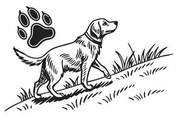 Obraz premium A dog walking on grass with a paw print nearby