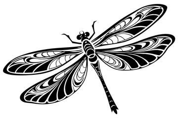 A stylized black and white dragonfly illustration