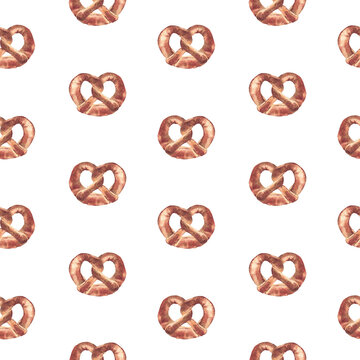 Brezel watercolor seamless pattern. German prezel food design hand drawn baked snack unsalted. Bavaria Oktoberfest beer festival clipart for fabric, packaging isolated on white background illustration