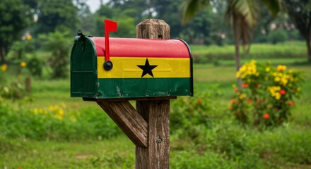 Ghanaian pride: A mailbox displaying the national flag in a serene landscape